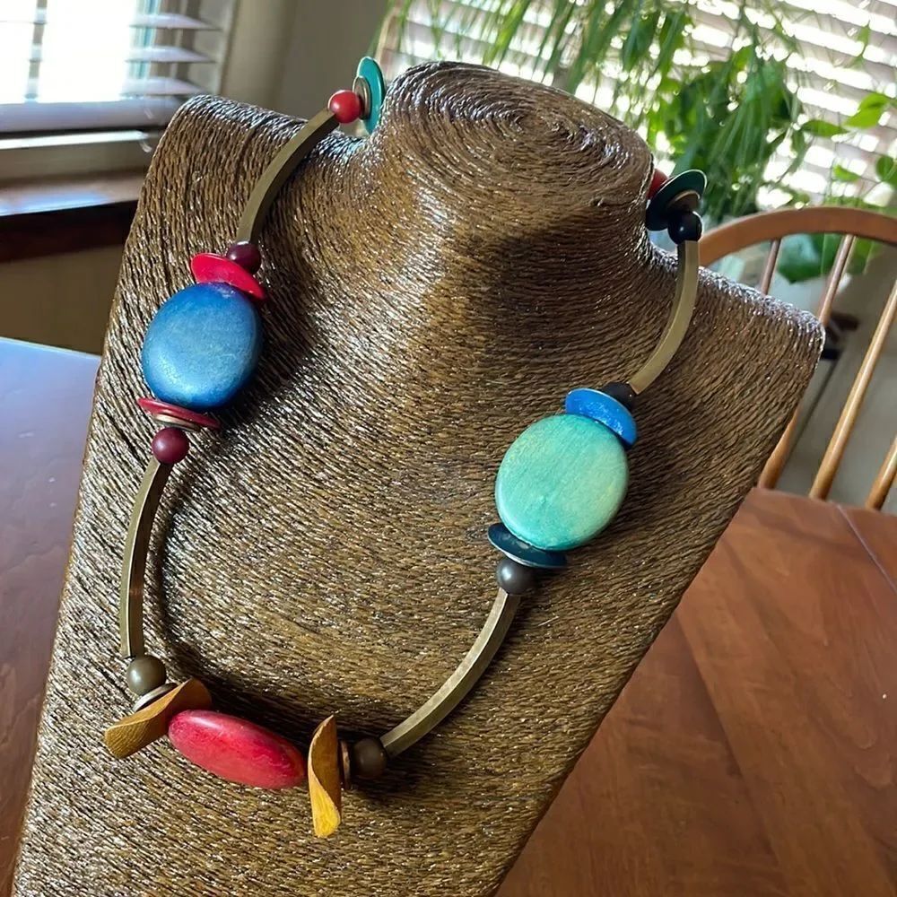 Funky & colorful Brass, Wood and Leather Necklace